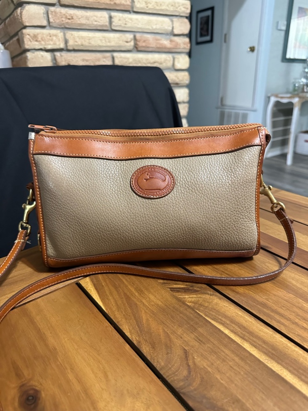 Vintage Dooney & Bourke Tan and Light Taupe Pebbled Leather Crossbody